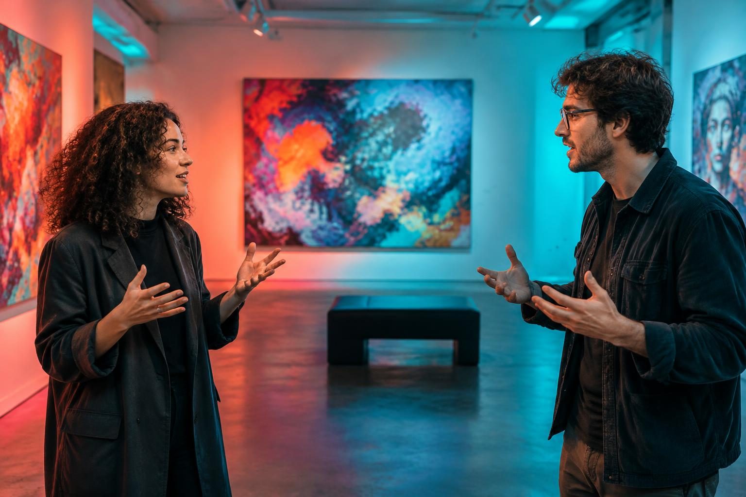 Two creatives discussing art in a gallery