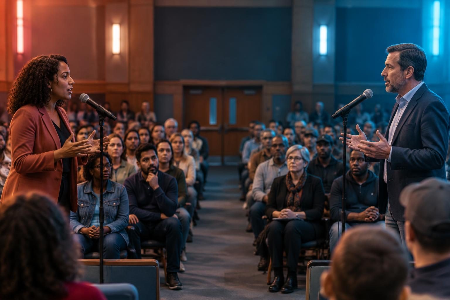 Opposing speakers at a community town hall debate