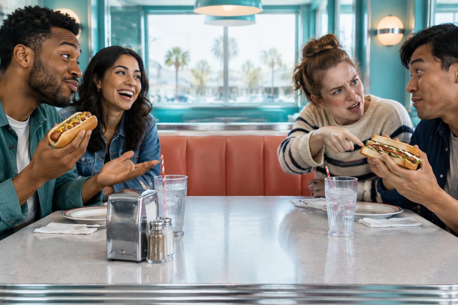 Friends playfully debating hot dogs and sandwiches in a diner