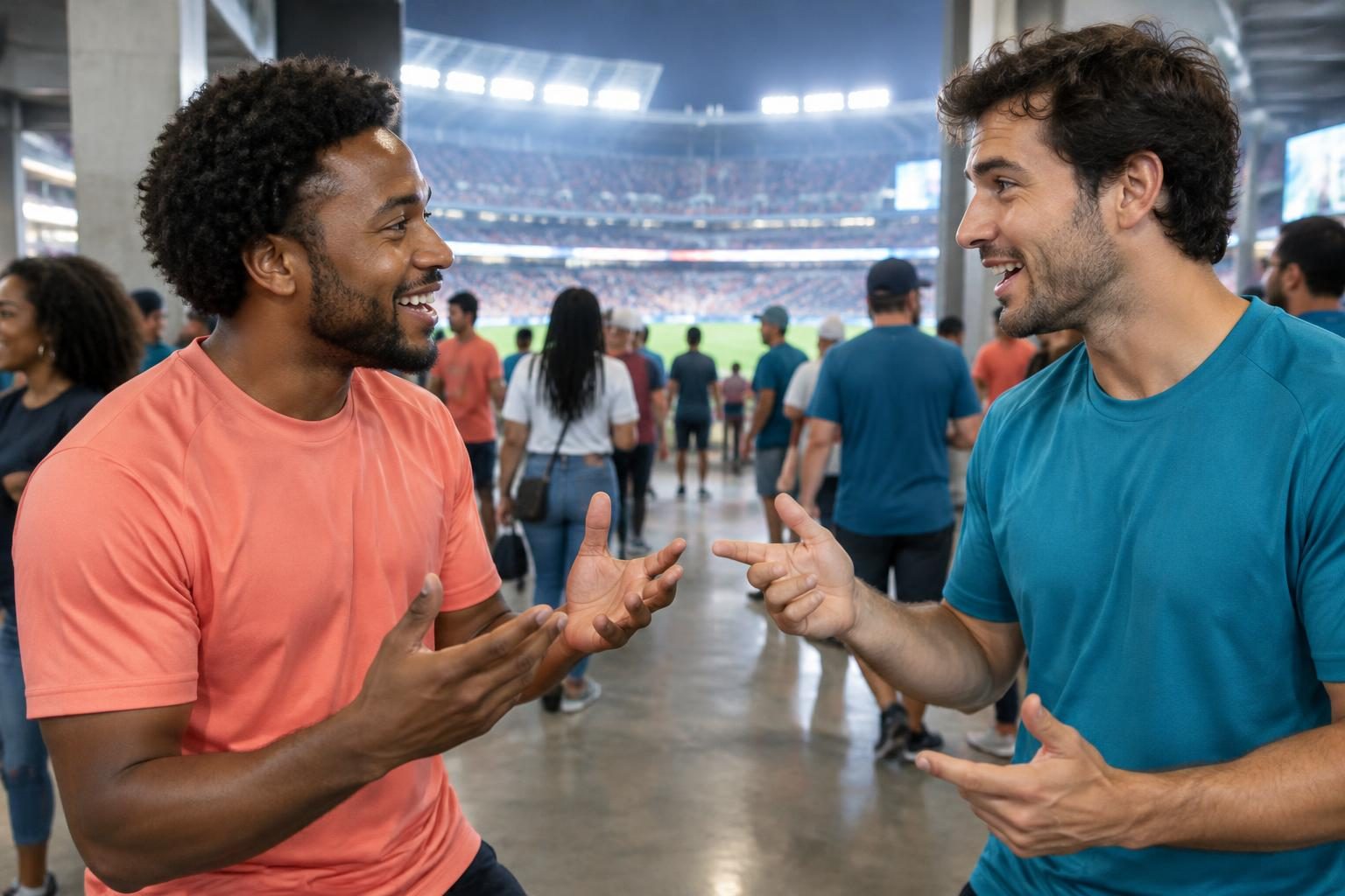Two sports fans in a spirited stadium discussion